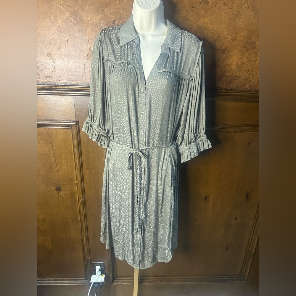 Democracy Sage Green Long Sleeve Shirt Dress with Tie Waist